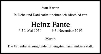 Anzeige von Heinz Fante von Kölner Stadt-Anzeiger / Kölnische Rundschau / Express