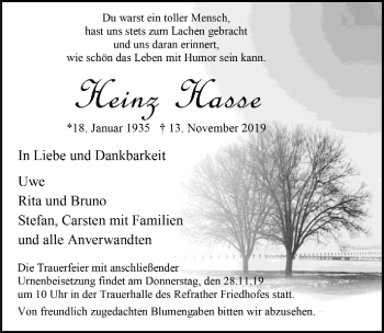 Anzeige von Heinz Hasse von  Bergisches Handelsblatt 