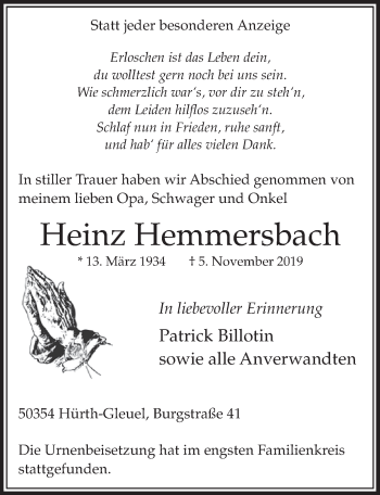 Anzeige von Heinz Hemmersbach von  Sonntags-Post 