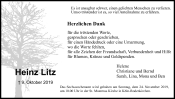 Anzeige von Heinz Litz von Kölner Stadt-Anzeiger / Kölnische Rundschau / Express