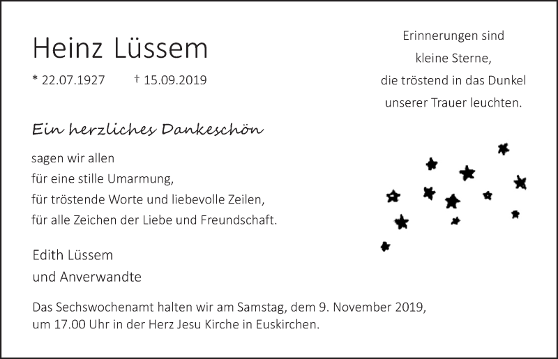  Traueranzeige für Heinz Lüssem vom 02.11.2019 aus  Blickpunkt Euskirchen 