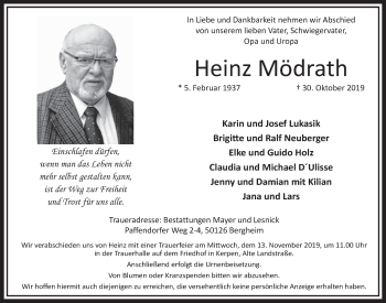 Anzeige von Heinz Mödrath von  Sonntags-Post 