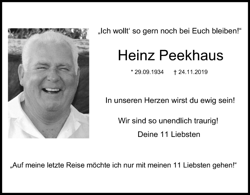  Traueranzeige für Heinz Peekhaus vom 30.11.2019 aus Kölner Stadt-Anzeiger / Kölnische Rundschau / Express