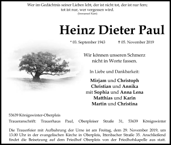 Anzeige von Heinz Dieter Paul von Kölner Stadt-Anzeiger / Kölnische Rundschau / Express