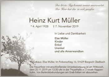 Anzeige von Heinz Kurt Müller von  Bergisches Sonntagsblatt 