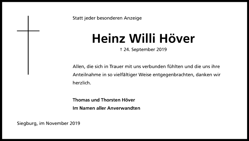  Traueranzeige für Heinz Willi Höver vom 09.11.2019 aus Kölner Stadt-Anzeiger / Kölnische Rundschau / Express