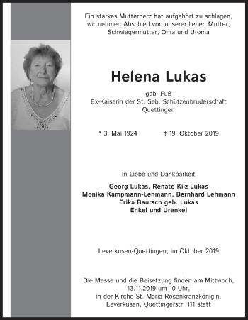 Anzeige von Helena Lukas von Kölner Stadt-Anzeiger / Kölnische Rundschau / Express