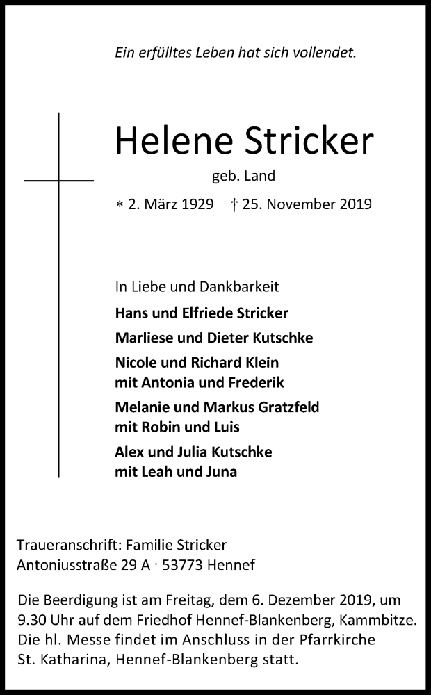  Traueranzeige für Helene Stricker vom 30.11.2019 aus Kölner Stadt-Anzeiger / Kölnische Rundschau / Express