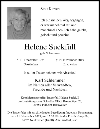 Anzeige von Helene Suckfüll von Kölner Stadt-Anzeiger / Kölnische Rundschau / Express