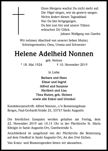 Anzeige von Helene Adelheid Nonnen von Kölner Stadt-Anzeiger / Kölnische Rundschau / Express