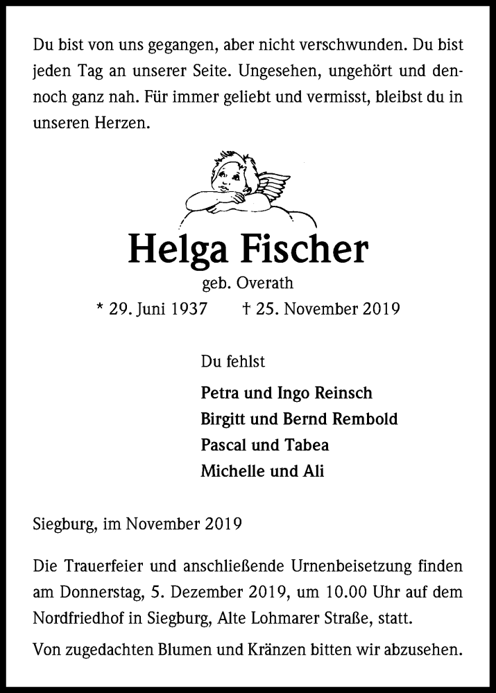  Traueranzeige für Helga Fischer vom 30.11.2019 aus Kölner Stadt-Anzeiger / Kölnische Rundschau / Express