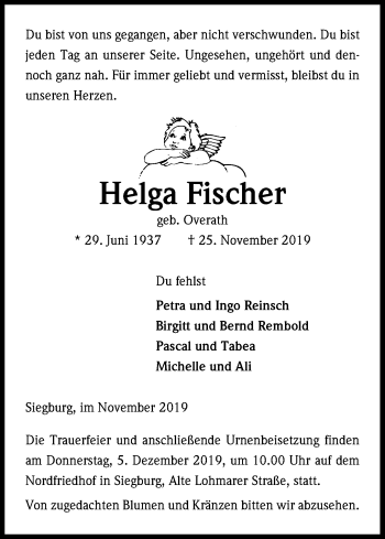 Anzeige von Helga Fischer von Kölner Stadt-Anzeiger / Kölnische Rundschau / Express