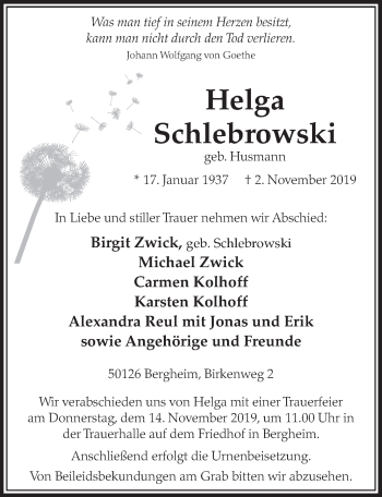 Anzeige von Helga Schlebrowski von  Sonntags-Post 