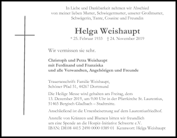 Anzeige von Helga Weishaupt von Kölner Stadt-Anzeiger / Kölnische Rundschau / Express