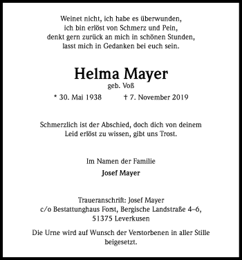 Anzeige von Helma Mayer von Kölner Stadt-Anzeiger / Kölnische Rundschau / Express