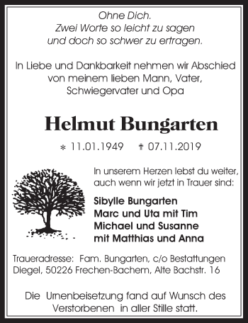 Anzeige von Helmut Bungarten von  Wochenende 