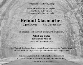 Anzeige von Helmut Glasmacher von  Blickpunkt Euskirchen  Sonntags-Post 