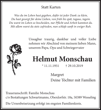 Anzeige von Helmut Monschau von  Schlossbote/Werbekurier 