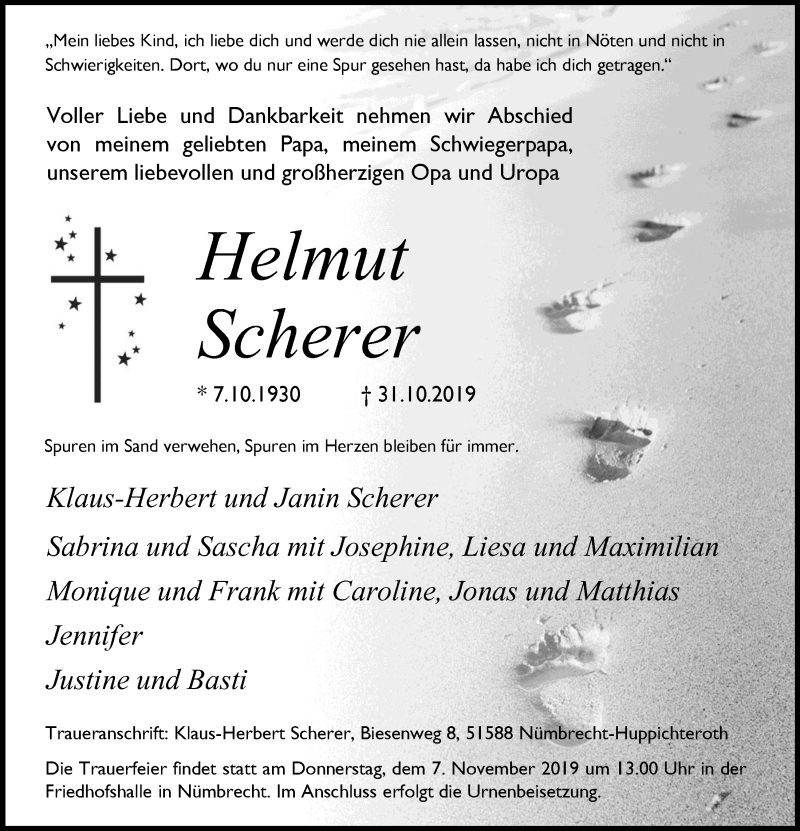  Traueranzeige für Helmut Scherer vom 06.11.2019 aus  Lokalanzeiger 