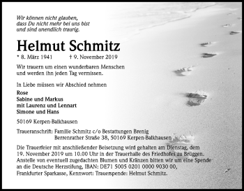 Anzeige von Helmut Schmitz von Kölner Stadt-Anzeiger / Kölnische Rundschau / Express