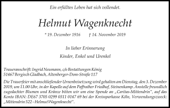 Anzeige von Helmut Wagenknecht von Kölner Stadt-Anzeiger / Kölnische Rundschau / Express