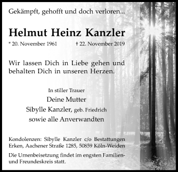 Anzeige von Helmut Heinz Kanzler von Kölner Stadt-Anzeiger / Kölnische Rundschau / Express