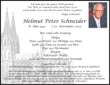 Anzeige von Helmut Peter Schneider von Kölner Stadt-Anzeiger / Kölnische Rundschau / Express