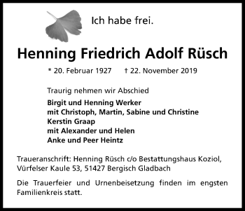 Anzeige von Henning Friedrich Adolf Rüsch von Kölner Stadt-Anzeiger / Kölnische Rundschau / Express