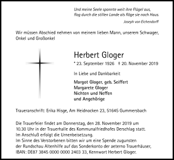 Anzeige von Herbert Gloger von Kölner Stadt-Anzeiger / Kölnische Rundschau / Express