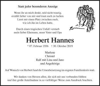 Anzeige von Herbert Hannes von  Lokalanzeiger 
