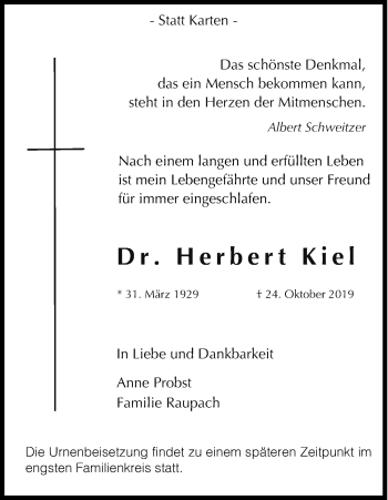 Anzeige von Herbert Kiel von Kölner Stadt-Anzeiger / Kölnische Rundschau / Express