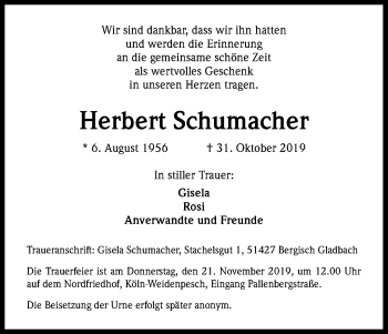 Anzeige von Herbert Schumacher von Kölner Stadt-Anzeiger / Kölnische Rundschau / Express