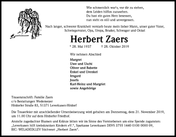 Anzeige von Herbert Zaers von Kölner Stadt-Anzeiger / Kölnische Rundschau / Express