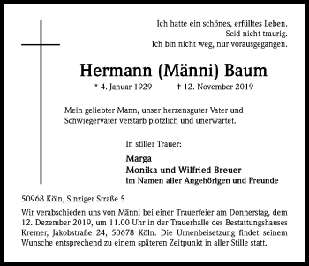 Anzeige von Hermann Baum von Kölner Stadt-Anzeiger / Kölnische Rundschau / Express