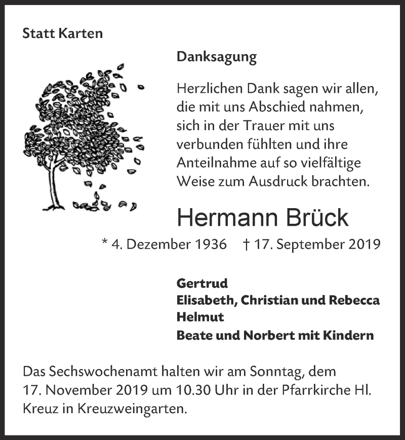  Traueranzeige für Hermann Brück vom 02.11.2019 aus  Blickpunkt Euskirchen 