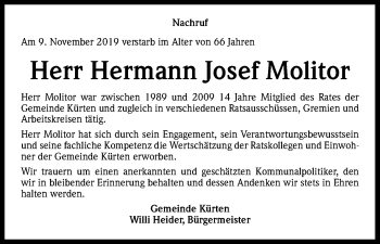Anzeige von Hermann Josef Molitor von Kölner Stadt-Anzeiger / Kölnische Rundschau / Express