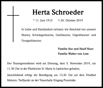 Anzeige von Herta Schroeder von Kölner Stadt-Anzeiger / Kölnische Rundschau / Express