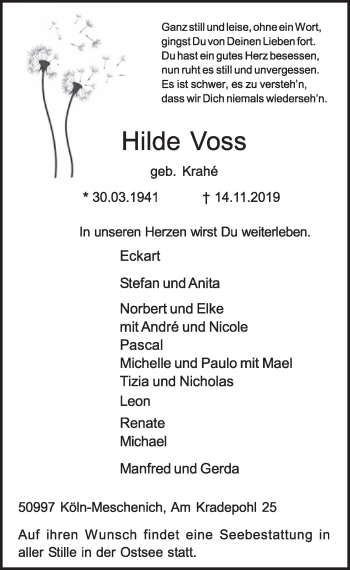 Anzeige von Hilde Voss von  Kölner Wochenspiegel 