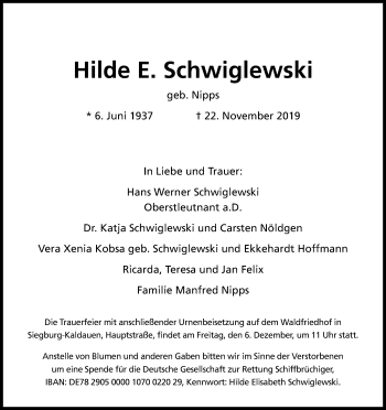 Anzeige von Hilde E. Schwiglewski von Kölner Stadt-Anzeiger / Kölnische Rundschau / Express