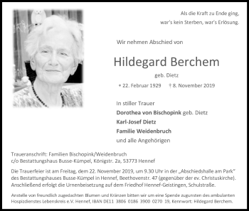 Anzeige von Hildegard Berchem von Kölner Stadt-Anzeiger / Kölnische Rundschau / Express