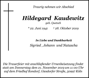 Anzeige von Hildegard Kaudewitz von  Kölner Wochenspiegel 