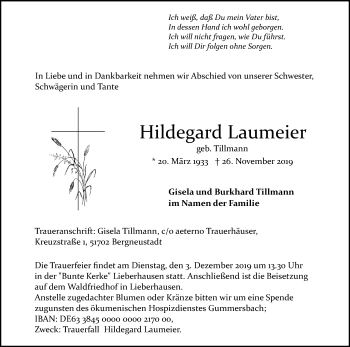 Anzeige von Hildegard Laumeier von Kölner Stadt-Anzeiger / Kölnische Rundschau / Express