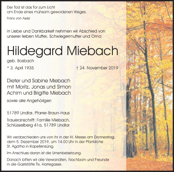 Anzeige von Hildegard Miebach von Kölner Stadt-Anzeiger / Kölnische Rundschau / Express