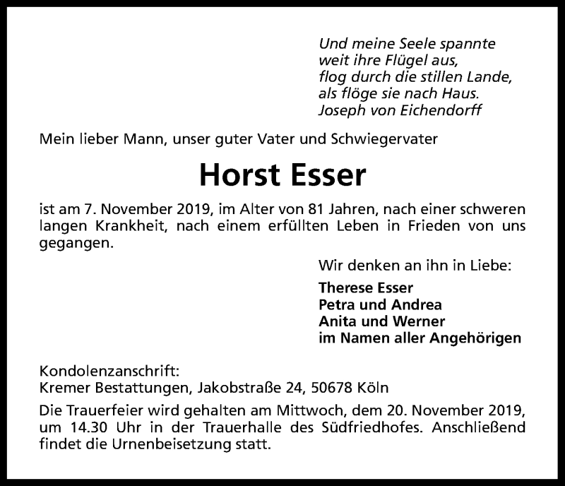  Traueranzeige für Horst Esser vom 16.11.2019 aus Kölner Stadt-Anzeiger / Kölnische Rundschau / Express