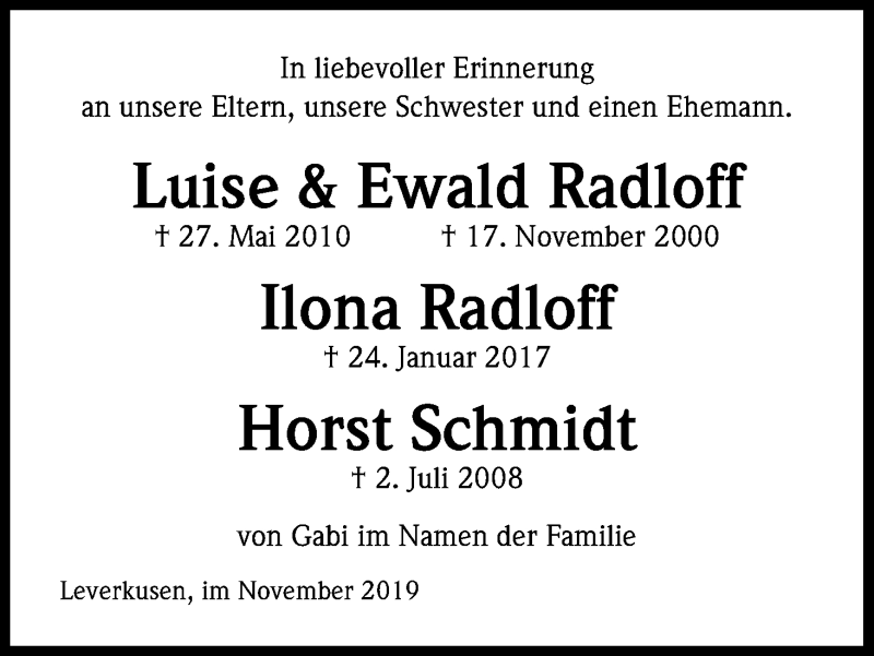  Traueranzeige für Horst Schmidt vom 16.11.2019 aus Kölner Stadt-Anzeiger / Kölnische Rundschau / Express