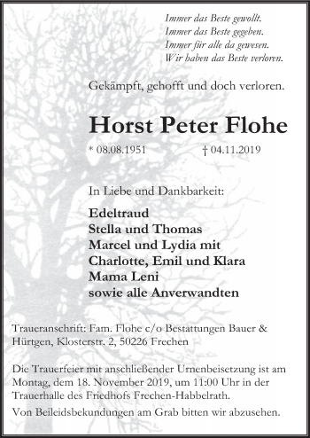 Anzeige von Horst Peter Flohe von  Wochenende 
