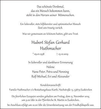 Anzeige von Hubert Stefan Gerhard Huthmacher von  Blickpunkt Euskirchen 