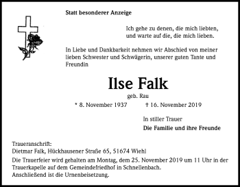 Anzeige von Ilse Falk von Kölner Stadt-Anzeiger / Kölnische Rundschau / Express