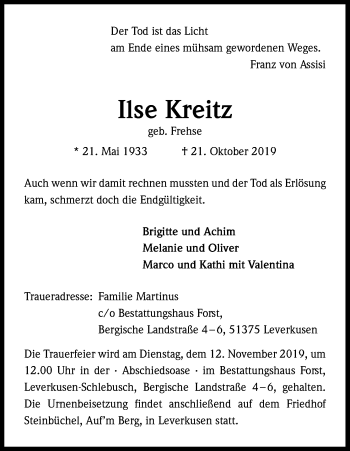 Anzeige von Ilse Kreitz von Kölner Stadt-Anzeiger / Kölnische Rundschau / Express