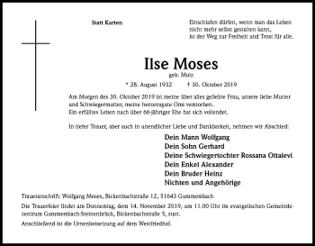 Anzeige von Ilse Moses von Kölner Stadt-Anzeiger / Kölnische Rundschau / Express